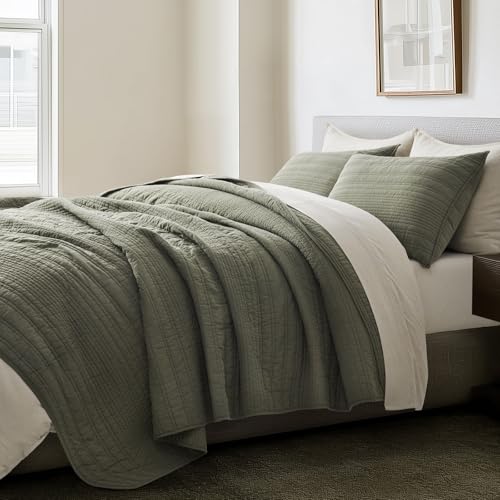 EVERGRACEHOME 100% Cotton Modern Lines Quilt Set Queen Size, Pre-Washed Soft Striped Coverlet Bedspread, 3 Piece Lightweight Bedding Set for All Season, with 2 Pillow Shams, Olive Green EVERGRACEHOME