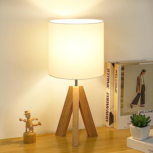 Small Beside Table Lamp, Wood Tripod Table Lamp with White Fabric Shade, Cute Boho Nightstand Lamp, Minimalist Desk Lamp for Bedroom Living Room Nursery Kids Room Office Dorm, Bulb Not Includ - WoodArtSupply