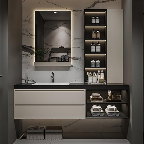 ZGNBSD Bathroom Vanity with Sink - Floating Bathroom Vanity with Drawer and LED Smart Mirror, Luxury Solid Wood Bathroom Vanity, Wall Mounted (52“) - WoodArtSupply