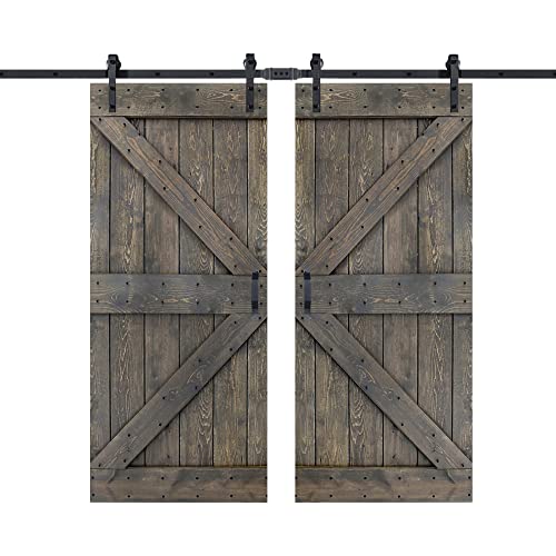 ISLIFE 2 Sets 36in X 84in K Series DIY Solid Wood Interior Sliding Barn Door with 6FT Hardware Kit +2Handles(Smoky Gray, 72in. x 84in.) ISLIFE