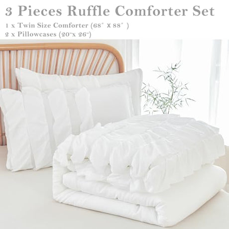 PERFEMET White Twin Comforter Set, 3 Pieces Ruffled Girls Comforter Sets Boho Vintage Shabby Chic Bedding, All Season Soft Lightweight Kids Bed Set for Teen Girl (White,Twin) PERFEMET