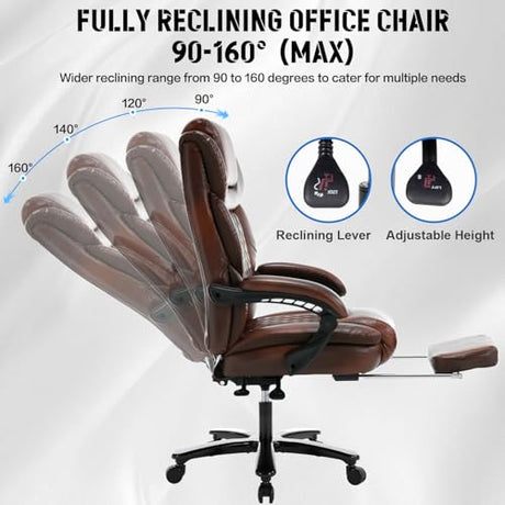 Comermax Heavy Duty Leather Office Chair with Footrest, Wide Seat Big Tall Reclining Office Desk Chair for 500lbs Heavy People, Brown Comermax