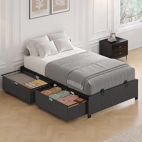 HAUOMS Twin Size Bed Frame with 2 Large Storage Drawers, Platform Bed with Drawers, Heavy Metal Slats Support, No Box Spring Needed, Noise Free, Easy Assembly, Dark Grey HAUOMS
