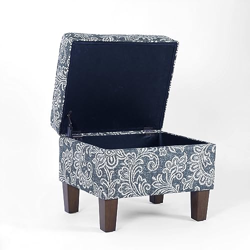 HomePop Home Decor |K7646-A879| Upholstered Modern Rectangular Storage Ottoman | Hinged Lid Ottoman with Storage for Living Room & Bedroom, Blue Denim Jacobean Print HomePop