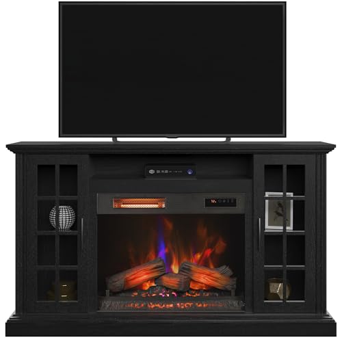 duraflame® Electric Fireplace Media Mantel for TVs up to 65 inches and Farmhouse Storage Cabinets, Black Embossed Ash Duraflame