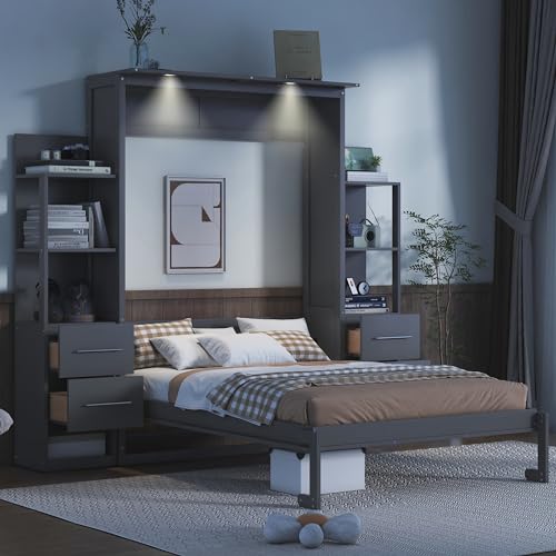 Harper & Bright Designs Full Murphy Bed with Storage Shelves, Drawers and LED Light, Cabinet Full Bed with Flexible Slats Support, Wood Foldable Wall Bed Frame for Home Office Studio, Gray Harper & Bright Designs