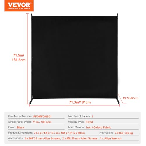 VEVOR Room Divider, Single Panel Room Divider, 6FT Privacy Screen Indoor, Partition Divider for Room Separation, Freestanding Room Divider Panel for Office, Bedroom, Black VEVOR