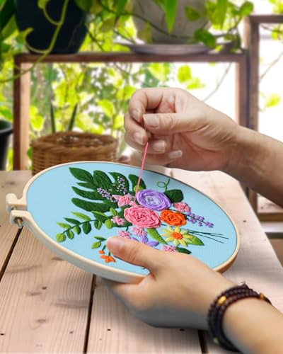 TINDTOP 4 Sets Embroidery Kit for Adults, Floral Embroidery Practice Kit for Beginners Include Embroidery Cloth Hoops Threads for Craft Lover Hand Stitch with Embroidery Skill Techniques TINDTOP