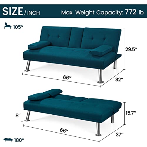 Yaheetech Linen Fabric Modern Sofa Bed Futon Couch Bed Folding Recliner Sleeper Reversible Loveseat Convertible Daybed, 2 Cup Holders, 3 Angles, 772lb Capacity, Removable Armrests, Aqua Blue