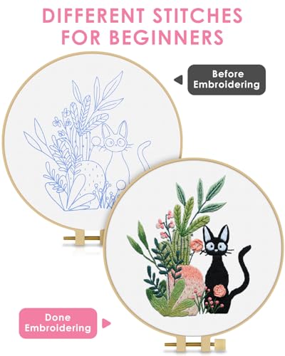 TINDTOP Embroidery Kit for Beginners Adult, Cat Embroidery Kit for Beginners Include Embroidery Cloth Hoops Threads for Craft Lover Hand Stitch with Embroidery Skill Techniques TINDTOP