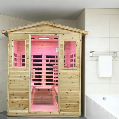 Kanlanth Outdoor Infrared Sauna with Red Light Therapy, 4 Person 2050watt Canadian Hemlock Wood Personal Sauna Room for Indoor Home, with Blue-Tooth, 4 Chromo Therapy Lighting, Control, Cup Holder Kanlanth