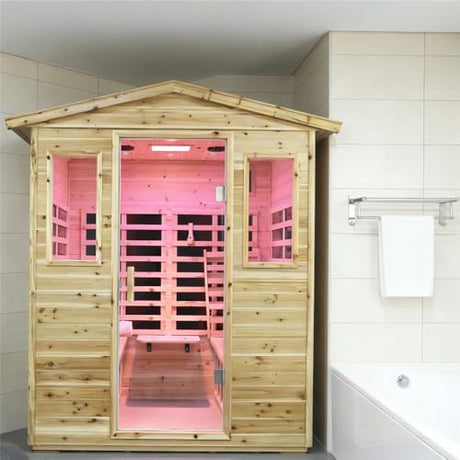 Kanlanth Outdoor Infrared Sauna with Red Light Therapy, 4 Person 2050watt Canadian Hemlock Wood Personal Sauna Room for Indoor Home, with Blue-Tooth, 4 Chromo Therapy Lighting, Control, Cup Holder Kanlanth