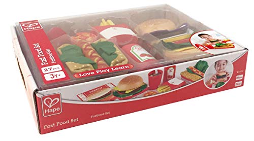 Hape Fast Food Set |Wooden Diner Fast Food Toy Set, Classic American Meal for Pretend Play Includes Burger, French Fries, Hotdogs & Cola