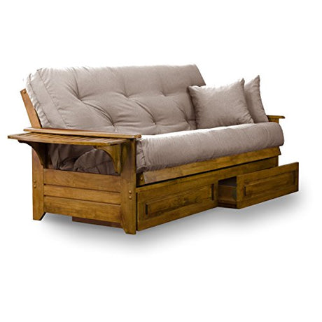 Nirvana Futons Brentwood Tray Arm Futon Frame, Drawers, and Microfiber Khaki Mattress Set - Full, Heritage Finish Nirvana Futons