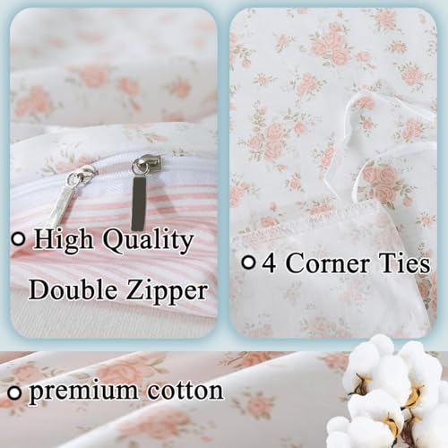 FADFAY Full Duvet Cover Set Pink Floral Comforter Cover 100% Cotton Girls Pink White Flower Bedding Garden Style Blush Bedding for All Season Soft Bedding with 2 Pillowcases, Full FADFAY