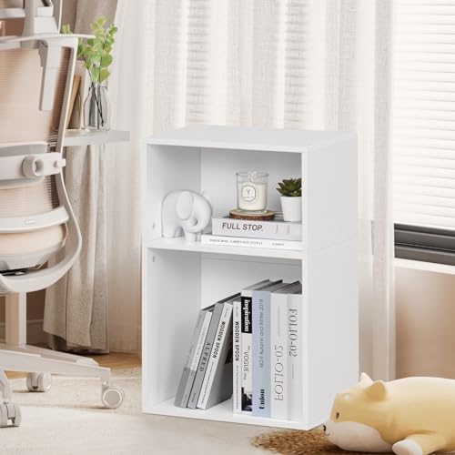 YAHARBO 2 Cube Bookshelf, White Record Player Stand with Vinyl Storage Up to 100 Albums, Horizontal Low Book Shelf, Mini Bookcase with Storage Organizer, Small Turntable Stand for Living Room, Bedroom YAHARBO