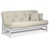 Arden White Futon Set Queen Size - Armless Futon Frame with Mattress Included (Twill Ivory), Space Saving Modern Sofa Bed Sleeper Nirvana Futons