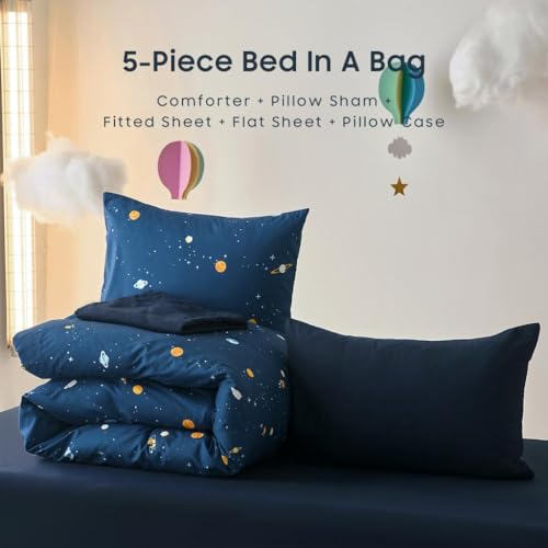 Wake In Cloud - Space Bedding Set for Boys, Star Outer Space Galaxy Patterned Soft Lightweight Comforter Set with Sheets, 5 Pieces Kids Bed in a Bag, Navy Blue, Twin Size Wake In Cloud