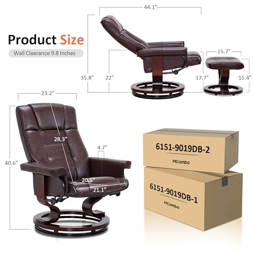 MCombo Manual Swivel Recliner with Ottoman, Chair Ottoman Set for RV Small Spaces, Living Room, Bedroom, Office 9019 4919 (Faux Leather, Dark Brown)