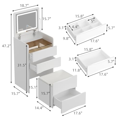 FUFU&GAGA Vanity Desk with Flip Top Mirror and Lights, Small Makeup Vanity Set with Glass Shelf, Space Saving Dressing Table with 3 Drawers & Cushion Stool for Bedroom, White 18.7”W x 15.7”D x 47.2”H FUFU&GAGA