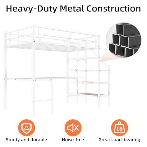 Bellemave Twin Size loft Bed with L Desk, Storage Stairs, Metal Twin Loft Bed Frame for Adults, Kids, Teens, White Bellemave