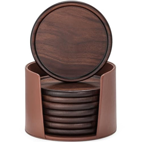 Wood Coasters with Leather Holder, GOH DODD Set of 8 Wooden Coaster Set for Drinks Desk Coffee Table Home Kitchen Office Bar, Tabletop Protection Living Room Decor, Walnut Coasters, 4 Inch GOH DODD