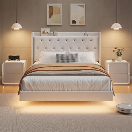 coucheta Full Floating Bed Frame with LED Lights, Upholstered Platform Bed with Crystal Tufted Headboard, Storage Shelves, Heavy Duty Metal Slats, No Spring Needed, Noise Free, Easy Assembly, White coucheta