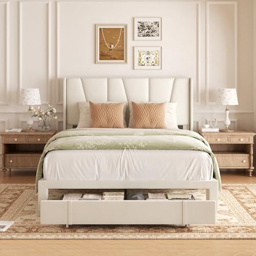 Full Bed Frame with Storage Drawers, Velvet Upholstered Full Size Platform Bed with 47" Tall Headboard and Wingboard, No Box Spring Needed, Noise Free, Easy Assembly, Wooden Support Slats, Beige viplov