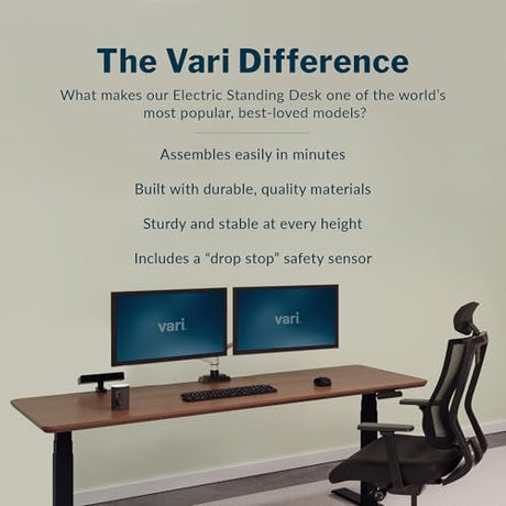 Vari Classic Electric Standing Desk - VariDesk Height Adjustable Sit/Stand Desk - Dual Motor with Memory Presets, Stable T-Style Legs - Gaming or Home Office Workstation - 72”x30”, Walnut/Black Vari