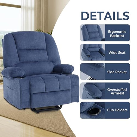 KCQ Overstuffed Electric Recliner Chairs for Adults with Cup Holder and USB Port, Fabric Power Lift Recliner Chair with Heat and Massage for Elderly Seniors, Blue KCQ