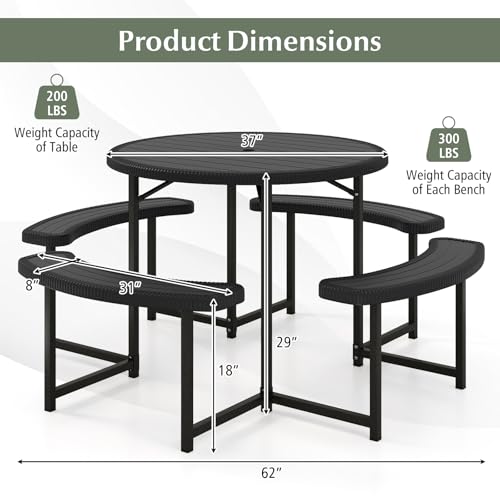 Giantex Picnic Table Bench Set for 4-8 Person, Round 37” Outdoor Dining Table w/Umbrella Hole, HDPE Tabletop, Metal Frame, Patio Furniture Set for Backyard Porch Lawn, 1400lb Capacity (Black,Round) Giantex