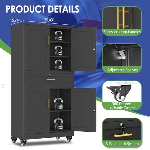 AUEYTVR 61" Metal Garage Storage Cabinet with Wheels and Locking Doors and Tall Rolling Steel Tool Cabinet with 5 Adjustable Shelves for Garage,Home,Office,Shop (Black, 71" H x 35.43W x 15.74" D) AUEYTVR