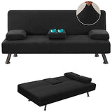 LiveGo Futon Cover 4 Pieces Stretch Futon Covers Sofa Bed Slipcover with Removable Armrests and Cupholders Covers Furniture Protector High Spandex Small Checks Jacquard Fabric (Black) LiveGo