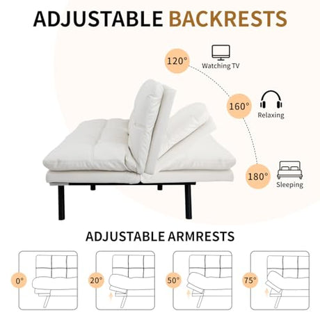 MUUEGM Convertible Memory Foam Sofa Bed with Adjustable Backrest & Armrest, Modern Futon Couch for Living Room, Office, Apartment, Space-Saving Design, Easy Assembly,White MUUEGM