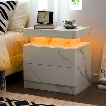 Generic Nightstand LED Bedside Table LED Cabinet LED Lights Modern End Side Table with 2 Drawers for Bedroom (White), 13D x 19W x 20H in (JCF02) - WoodArtSupply