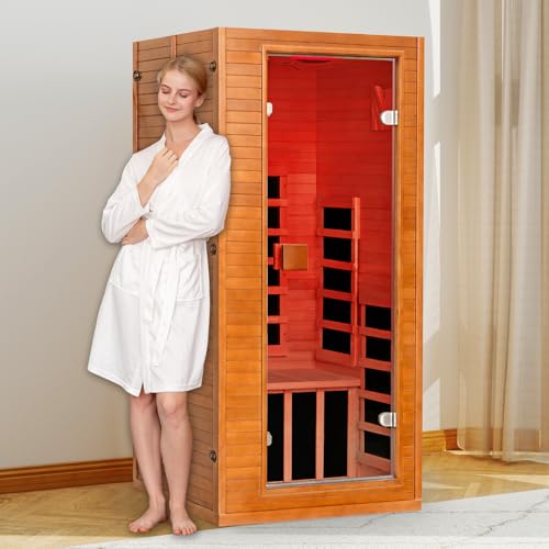 springspa Infrared Sauna for Home, 1 Person Home Sauna with Red Light Therapy, Canadian Hemlock Wooden Dry Saunas Room with Bluetooth Speakers, 1178 W/120V, 15 Minutes Pre-Warm up springspa
