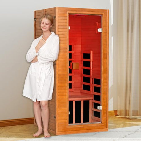 springspa Infrared Sauna for Home, 1 Person Home Sauna with Red Light Therapy, Canadian Hemlock Wooden Dry Saunas Room with Bluetooth Speakers, 1178 W/120V, 15 Minutes Pre-Warm up springspa