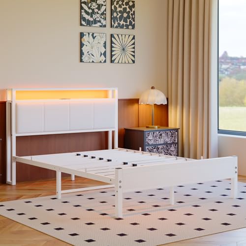 VECOCHO Full Size Bed Frame with LED Lights,Upholstered Headboard with Storage Shelves&Charging Station, Heavy Duty LED Bed Frame Full Mattress Foundation No Box Spring Needed, Noise Free,White VECOCHO