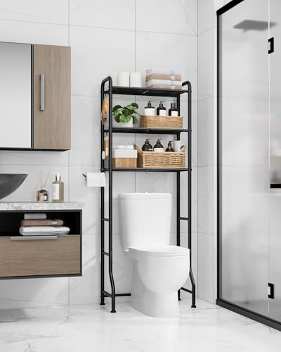 Kitsure Over Toilet Storage Rack - Metal Over Toilet Bathroom Organizer Shelf, Over the Toilet Storage Cabinet with Paper Holder and Hooks, Bathroom Cabinet for Laundry, Black, 3 Tiers (63.2" H) Kitsure