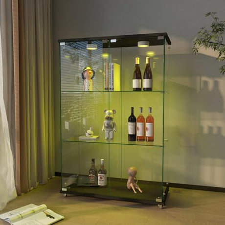 WHLIHUSU Glass Display Cabinet with LED Lights - Curio Cabinet with Glass Doors for Collectibles, Quick Assembly, Tempered Bookshelf, for Living Room and Bedrooms, 2-Door 3-Shelfs, White WHLIHUSU