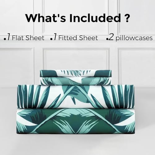 HENGWEITEXT Full Sheet Set, 4 Piece Bed Sheets for Full Size Bed Set, 17 Inch Sheets Deep Pocket, Soft and Breathable Microfiber, Wrinkle Free, Tropical Palm Tree Fronds Patterned Double Bedding HENGWEITEXT