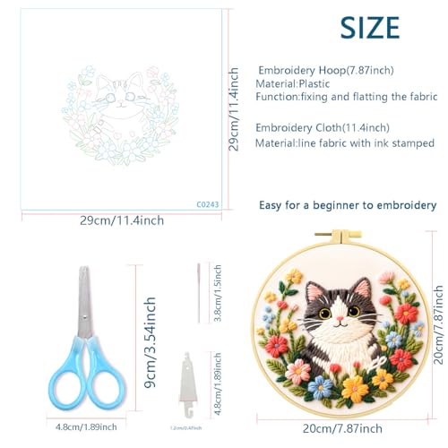 Zhenqing Kitten Embroidery Kit for Beginners, Pre-Printed 29x29cm Cotton Fabric with 20cm Hoop, Cute Cat in Flowers Design for Home Decor (C0243)