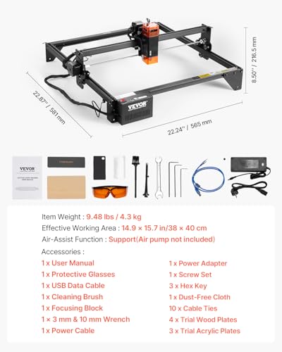 VEVOR 10W Output, Laser Engraving Cutter Machine, 14.9 x 15.7 in/38 x 40 cm Working Area, 10000 mm/min Movement Speed, Compressed Spot with Eye Protection, for Wood, Certain Metal, Black VEVOR