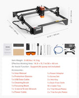 VEVOR 10W Output, Laser Engraving Cutter Machine, 14.9 x 15.7 in/38 x 40 cm Working Area, 10000 mm/min Movement Speed, Compressed Spot with Eye Protection, for Wood, Certain Metal, Black VEVOR