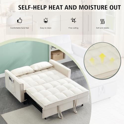 3 in 1 Convertible Sleeper Sofa Bed, 55'' Full Size Corduroy Pull Out Futon Couch Recliner with Reclining Backrest & 2 Pillows, Small Loveseat Lounge Couches for Small Spaces (Beige) MWrouqfur