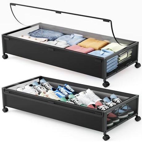 LeArex Under Bed Storage Containers with Wheels 2 Pack Underbed Shoe Storage Bedroom Storage Bins Organizer Large Capacity Under Bed Storage with Lid for Clothes Shoes Toys Blankets (Black) LeArex