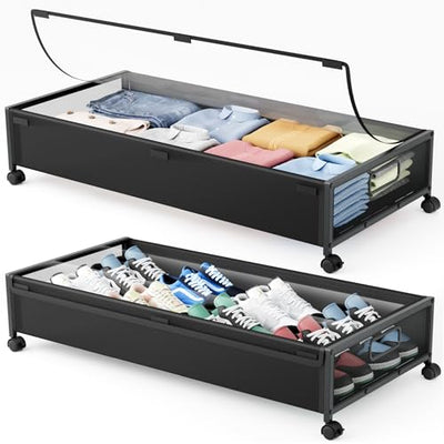 LeArex Under Bed Storage Containers with Wheels 2 Pack Underbed Shoe Storage Bedroom Storage Bins Organizer Large Capacity Under Bed Storage with Lid for Clothes Shoes Toys Blankets (Black)