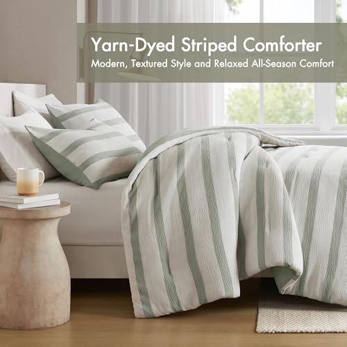 Madison Park Essentials Striped Comforter Set Queen Size, Yarn-Dyed Reversible Comforter with Minimalist Stripes, Crinkled Texture Bedding Set for All-Season Lightweight Warmth, Merritt Sage Green Madison Park