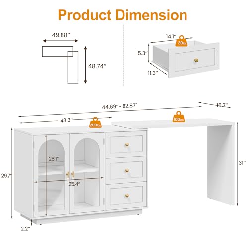 RoyalCraft 83” Large Makeup Vanity Desk, White Corner Vanity Table with 3 Drawer & 2 Door, Modern Extendable Dressing Table, Vanity Dresser Combo for Bedroom, Dressing Room (Without Mirror) RoyalCraft