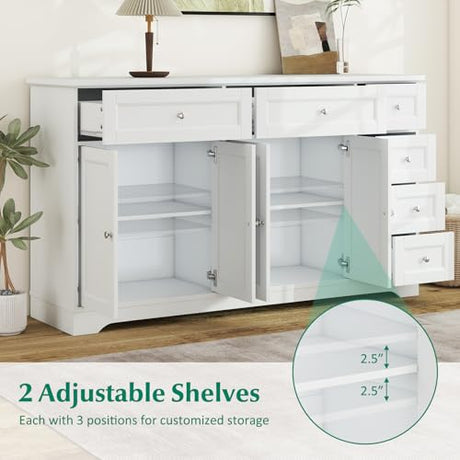 Giantex Large Buffet Cabinet with Storage, 59” Kitchen Cabinet with 4 Doors, 6 Drawers & 2 Adjustable Shelves, Modern Sideboard for Living Room, Coffee Bar, White Giantex